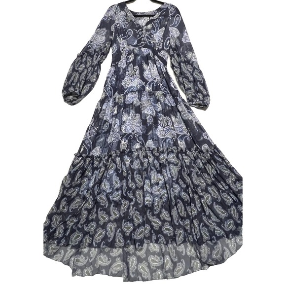 Unsubscribed 100% Silk Maxi Dress Size 10 Blue Paisley Boho Romantic Long Sleeve - Picture 1 of 15